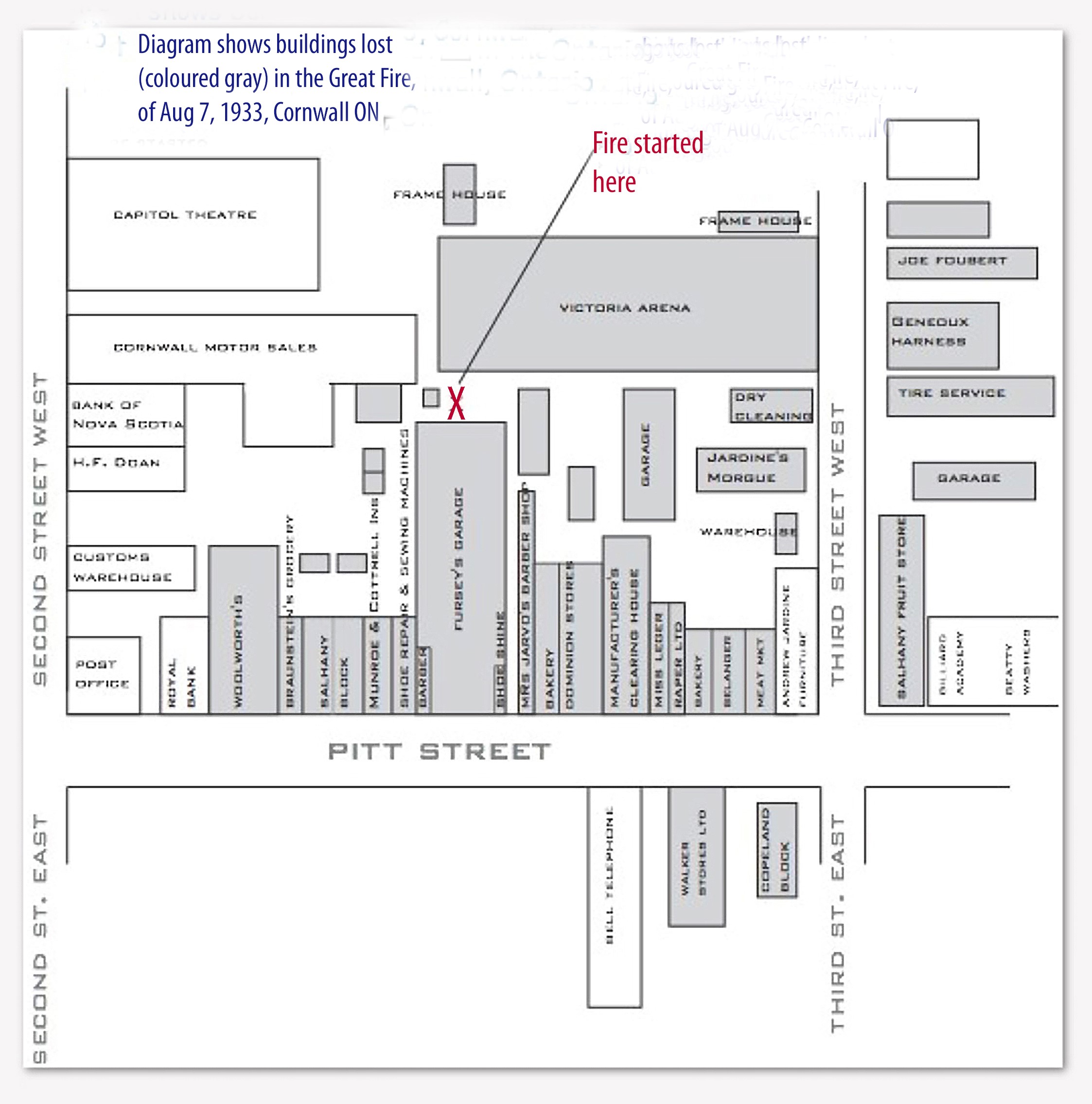 Map of the Downtown Businesses Destroyed by the 1933 Fire, Cornwall, Ontario