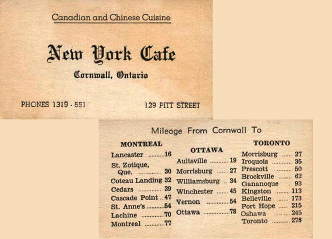 A business card from the New York Cafe. Cornwall, Ontario