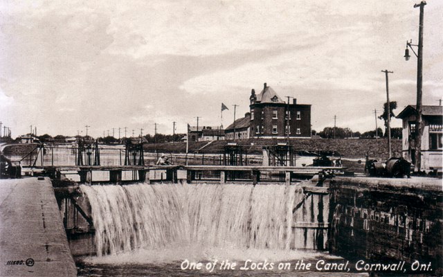 The space between the photographer and this first lock was known to Cornwall children as the “Boardy Bottom”. Cornwall, Ontario