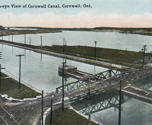 Aerial view of the swing bridge, canal, and the north arm of the St. Lawrence River. Cornwall, Ontario