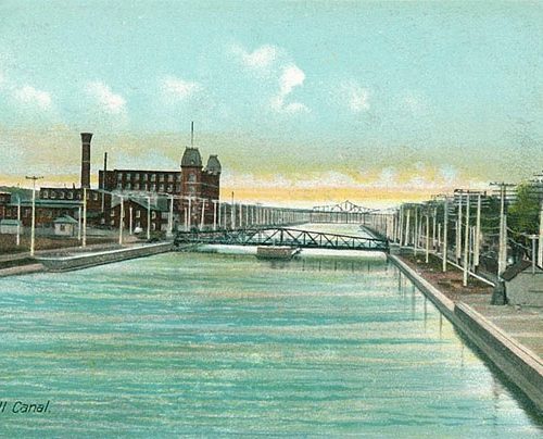 Looking West towards the swing bridge and Roosevelt Bridge in the distance. Cornwall, Ontario