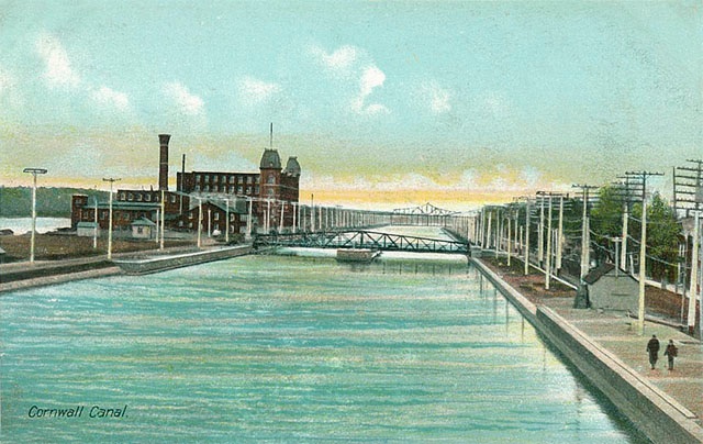 Looking West towards the swing bridge and Roosevelt Bridge in the distance. Cornwall, Ontario