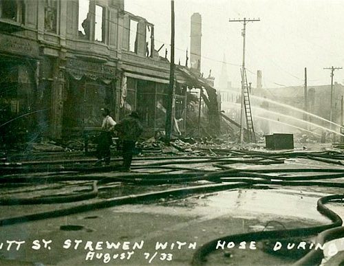 Firemen Direct Their Hoses on Active Flames, Cornwall, Ontario 1933