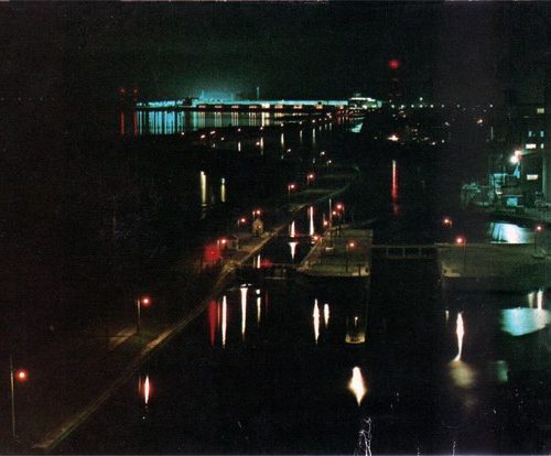 A nighttime view looking west towards the power dam.