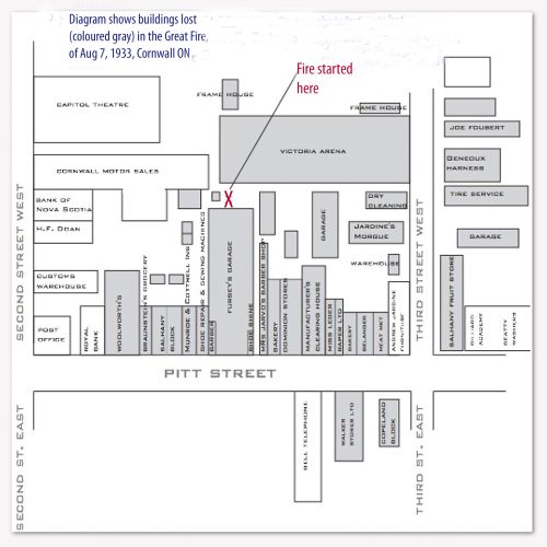 Map of the Downtown Businesses Destroyed by the 1933 Fire, Cornwall, Ontario