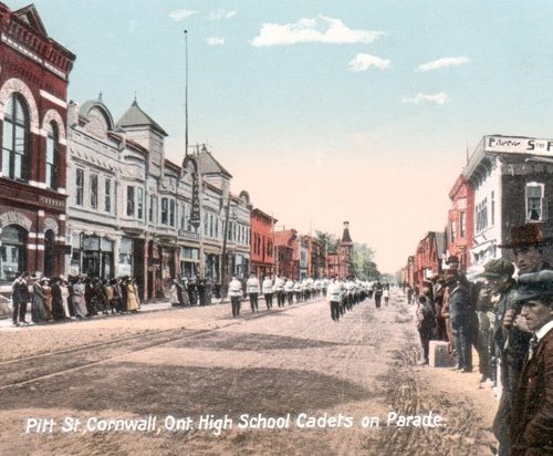 Cornwall, Ontario. Fires of 1933. Cornwall Collegiate Institute cadets on parade