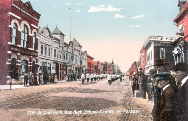 Cornwall, Ontario. Fires of 1933. Cornwall Collegiate Institute cadets on parade