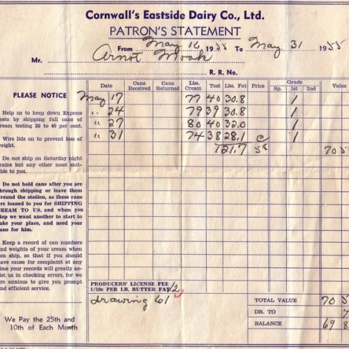 Receipt for Cornwalls’ Eastside Dairy Co. Ltd.