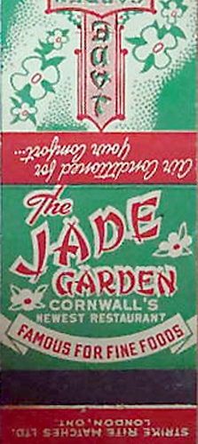 The Jade Garden Restaurant Matchbook. Cornwall, Ontario