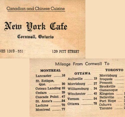 A business card from the New York Cafe. Cornwall, Ontario